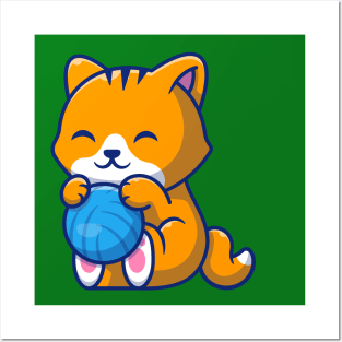 Cute Cat Playing Ball Cartoon (6) Posters and Art